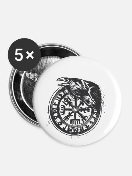 Wikinger Vegvisir Rune mit Krähe - Buttons klein 25 mm (5er Pack) - Weiß