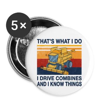 Je conduis des moissonneuses-batteuses et je connais les choses agriculteur - Lot de 5 petits badges (25 mm) - blanc - Devant