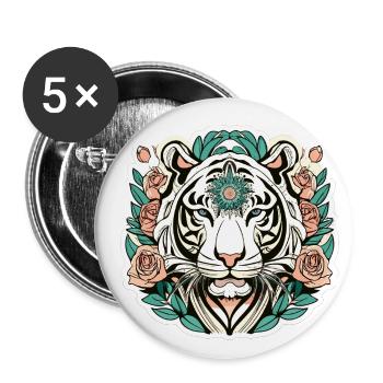 Tigre avec des fleurs de roses cadeau - Lot de 5 petits badges (25 mm) - blanc - Devant