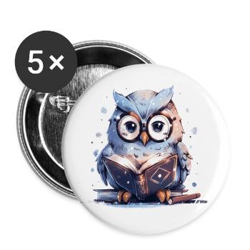 Hibou mignon livre lecture Fan livres - Lot de 5 petits badges (25 mm) - blanc - Devant