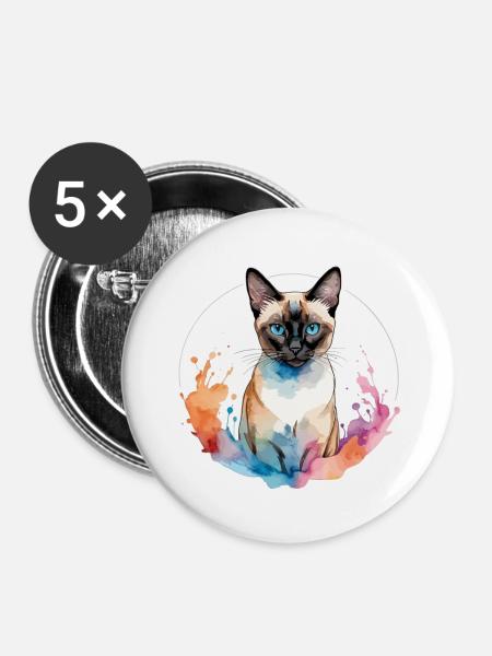 Siamkatze Wasserfarben - Buttons klein 25 mm (5er Pack) - Weiß