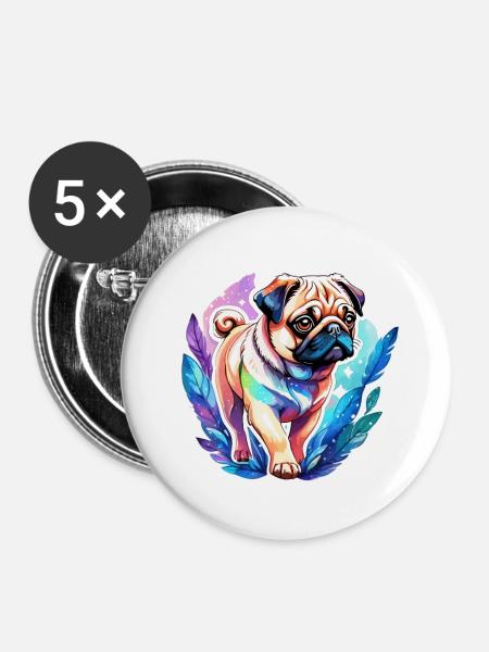 Mops Wasserfarben - Buttons klein 25 mm (5er Pack) - Weiß