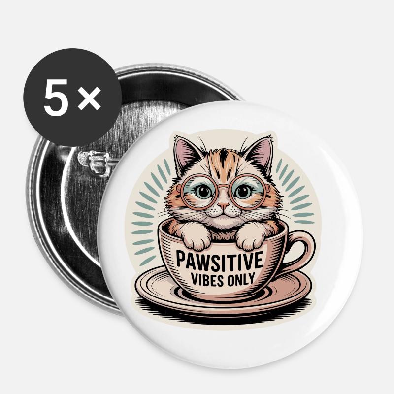 Pawsitive Vibes Only – Cat in a Cup - Buttons klein 25 mm (5er Pack) - Weiß