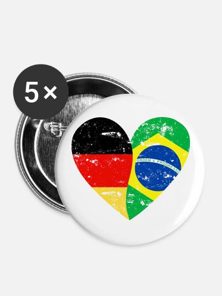 Flaggenherz Deutschland Brasilien Fahne - Buttons klein 25 mm (5er Pack) - Weiß