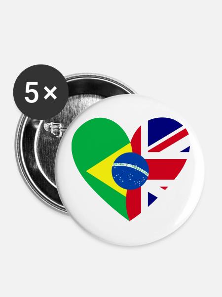 Flag Heart Brasil Great Britain Flag - Buttons small 1''/25 mm (5-pack) - white