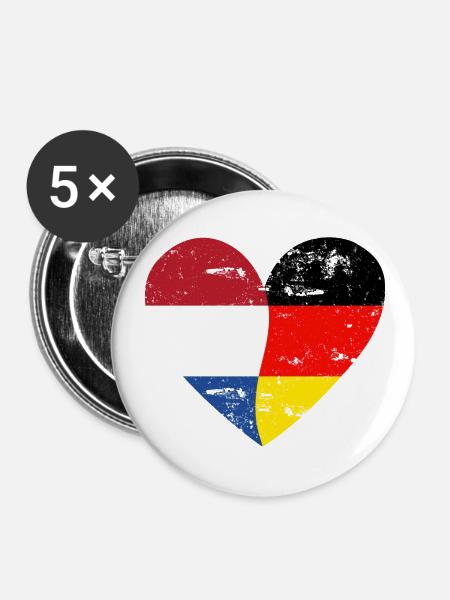 Flaggenherz Niederlande Deutschland Flagge - Buttons klein 25 mm (5er Pack) - Weiß