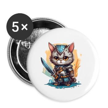 Katze in Ritter Ausrüstung mit Langschwert, AI Gen - Buttons klein 25 mm (5er Pack) - Weiß - Vorne