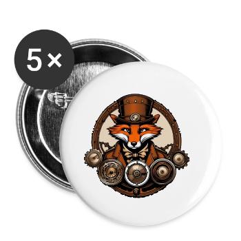 Steampunk Fuchs / Zahnrad / Bronze / Old School - Buttons klein 25 mm (5er Pack) - Weiß - Vorne