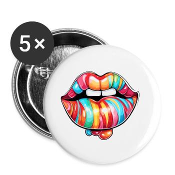 Bouche / Lèvres / Dents / Langue / Sourire / Baiser - Lot de 5 petits badges (25 mm) - blanc - Devant