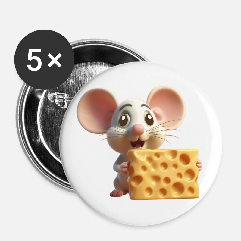 Mouse with cheese - Buttons small 1''/25 mm (5-pack) - white