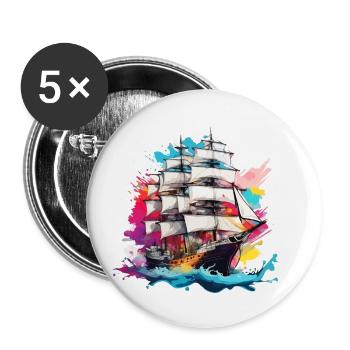 Bateau pirate / Bateau / Mer / Océan / Vagues - Lot de 5 petits badges (25 mm) - blanc - Devant