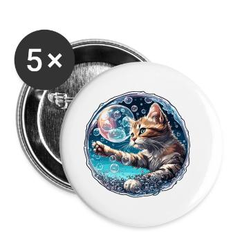 Animal dans bulle de savon / enfantin / mignon / chat - Lot de 5 petits badges (25 mm) - blanc - Devant