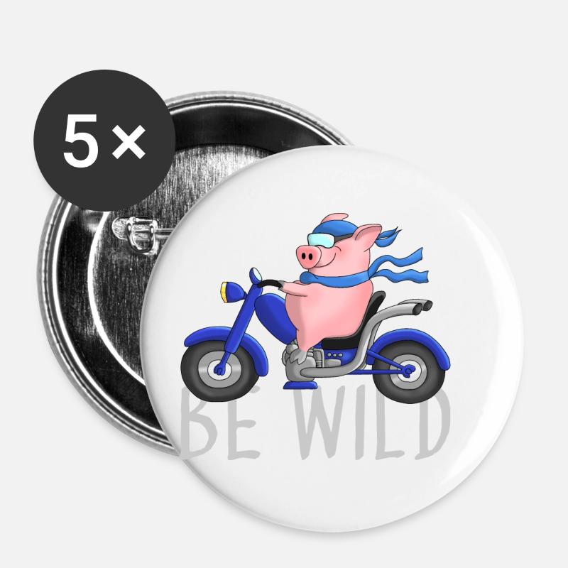 Funny pig on motorcycle cartoon - Buttons small 1''/25 mm (5-pack) - white