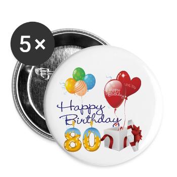 80. Alles Gute zum Geburtstag Luftballons vorhanden & Kerzen - Buttons klein 25 mm (5er Pack) - Weiß - Vorne