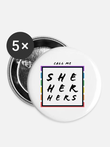 Pride - she, her, hers - Buttons klein 25 mm (5er Pack) - Weiß