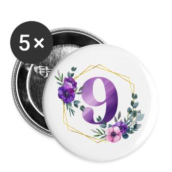 Geburtstag 9 Mädchen Blumenkranz Neun 9 Jahre - Buttons klein 25 mm (5er Pack) - Weiß - Vorne