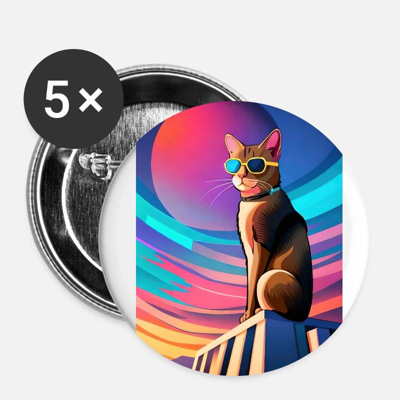 Synthwave Cat - Lot de 5 petits badges (25 mm) - blanc