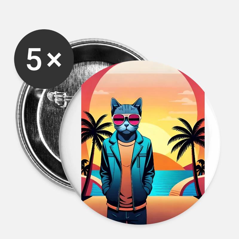 Synthwave Katze - Buttons klein 25 mm (5er Pack) - Weiß