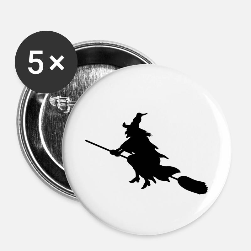 Witch on broom - Buttons small 1''/25 mm (5-pack) - white