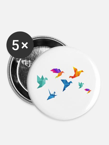 Mehrfarbige Papiervögel - Buttons klein 25 mm (5er Pack) - Weiß
