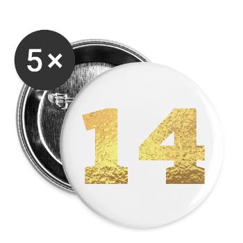 Numéro 14 paillettes doré - 14e anniversaire - Lot de 5 petits badges (25 mm) - blanc - Devant
