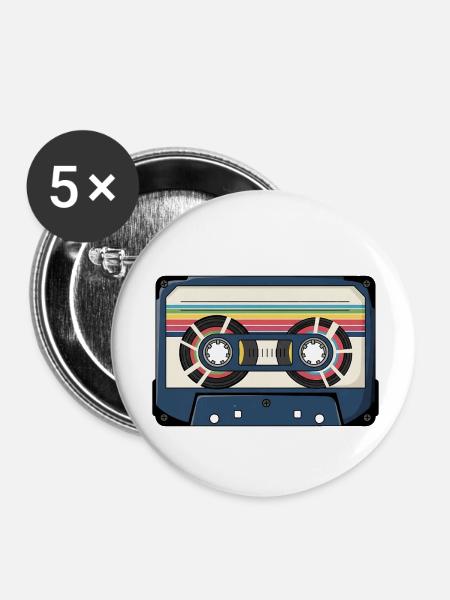 Retro Kassette Aufkleber - Buttons klein 25 mm (5er Pack) - Weiß
