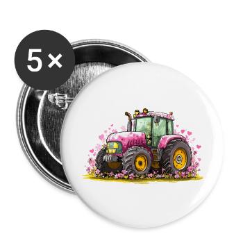 Tracteur rose avec des cœurs et des fleurs - Lot de 5 petits badges (25 mm) - blanc - Devant