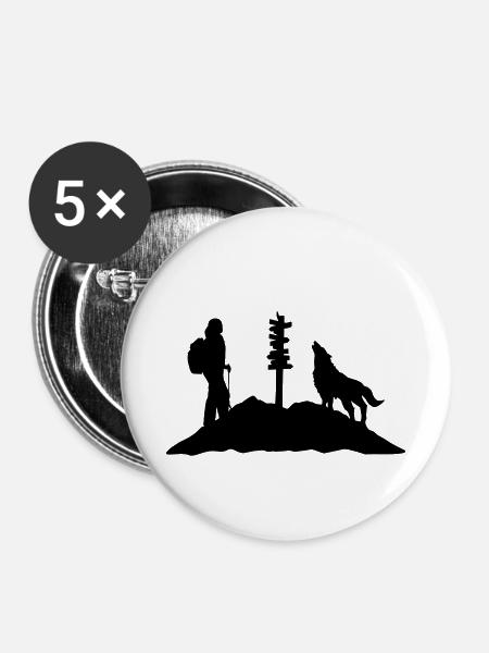Wandern, Wanderin, Wolf und Berg - Buttons klein 25 mm (5er Pack) - Weiß