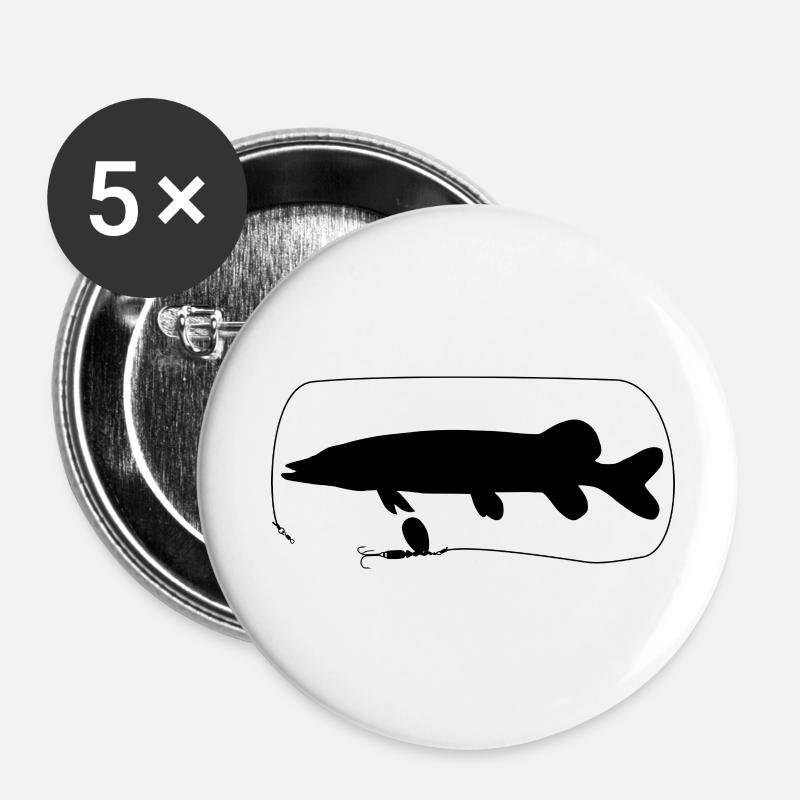 Brochet avec spinner - Lot de 5 petits badges (25 mm) - blanc
