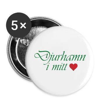 Grüne Kalligraphie "Djurhamn in mine" mit rotem Herzen - Buttons klein 25 mm (5er Pack) - Weiß - Vorne