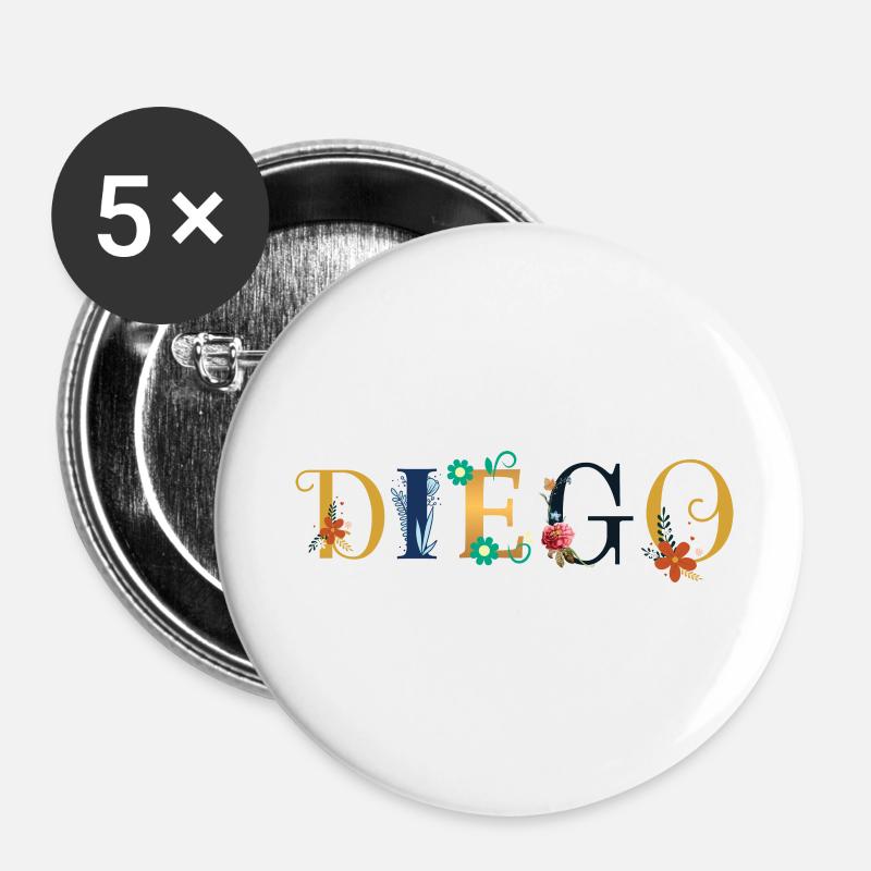 DIEGO name adorned with flowers - Buttons small 1''/25 mm (5-pack) - white