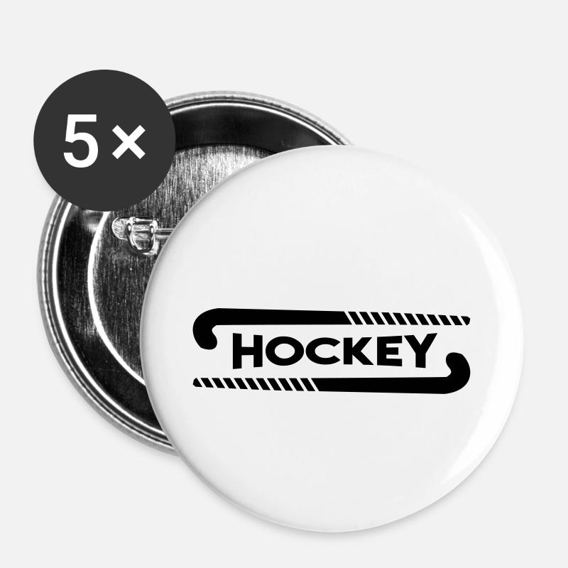 Lettrage de hockey avec bâtons de hockey sur gazon - Lot de 5 petits badges (25 mm) - blanc