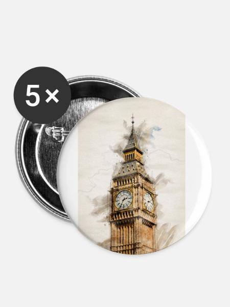 London Big Ben - Buttons klein 25 mm (5er Pack) - Weiß