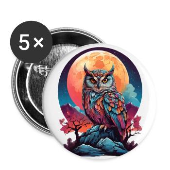 MYSTIQUE AU CLAIR DE LUNE : LA VEILLÉE NOCTURNE D’UN HIBOU COLORÉ - Lot de 5 petits badges (25 mm) - blanc - Devant