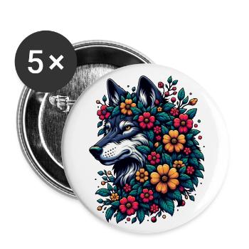 Wolf With Flowers Colorful Animal Motif Gray Wolf Flowers - Buttons small 1''/25 mm (5-pack) - white - Front