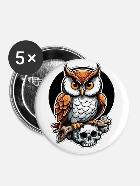 Eule sitzt auf Skull - Buttons klein 25 mm (5er Pack) - Weiß