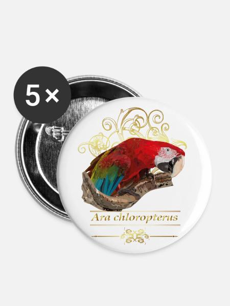 roter Ara - Buttons klein 25 mm (5er Pack) - Weiß