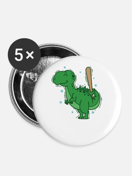 Dino beim Baseball Dinosaurier Reptil - Buttons klein 25 mm (5er Pack) - Weiß
