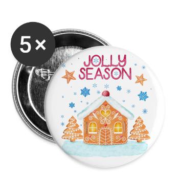 Lebkuchenhaus im Schnee: Fröhliche Weihnachtszeit - Buttons klein 25 mm (5er Pack) - Weiß - Vorne