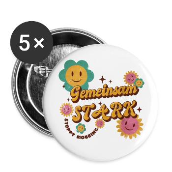 Gemeinsam stark - stoppt Mobbing! - Buttons klein 25 mm (5er Pack) - Weiß - Vorne
