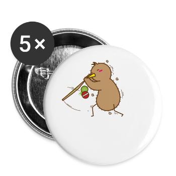 Le kiwi joue avec le bâton, l’oiseau et les fruits - Lot de 5 petits badges (25 mm) - blanc - Devant