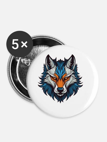 Wolf Kopf - Buttons klein 25 mm (5er Pack) - Weiß