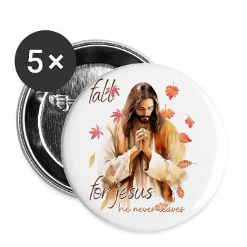 Fall Jesus He Never Leaves: Christian Autumn Vibes - Buttons klein 25 mm (5er Pack) - Weiß - Vorne