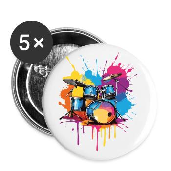 Schlagzeug auf bunten Farbklecksen - Buttons klein 25 mm (5er Pack) - Weiß - Vorne