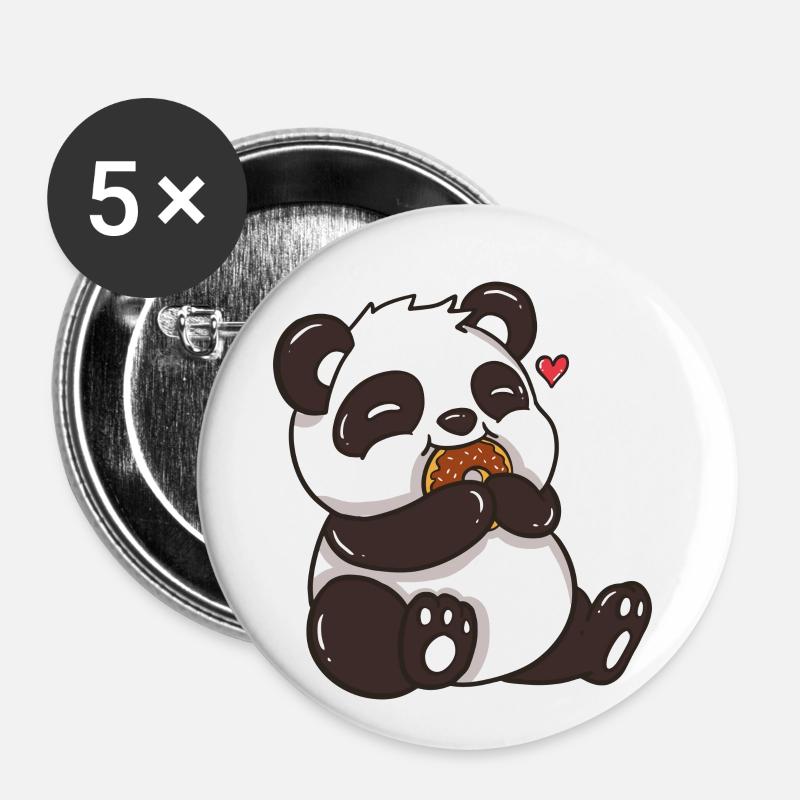 CUTE PANDA EATING A DONUT - Buttons small 1''/25 mm (5-pack) - white