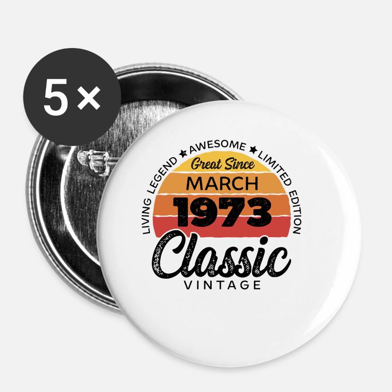 Rétro 50 ans Mars 1973 Anniversaire Vintage Bday - Lot de 5 petits badges (25 mm) - blanc