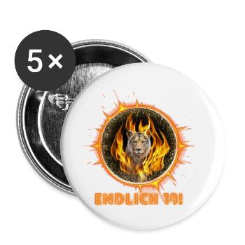 Enfin 18 - Lion à la crinière de flamme - Lot de 5 petits badges (25 mm) - blanc - Devant