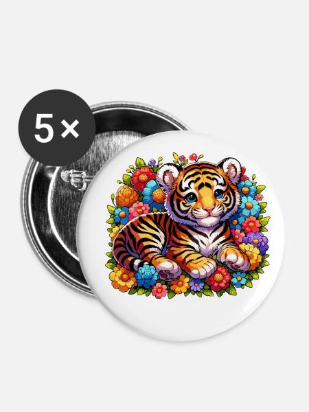 Tiger im Blumenbeet - Buttons klein 25 mm (5er Pack) - Weiß