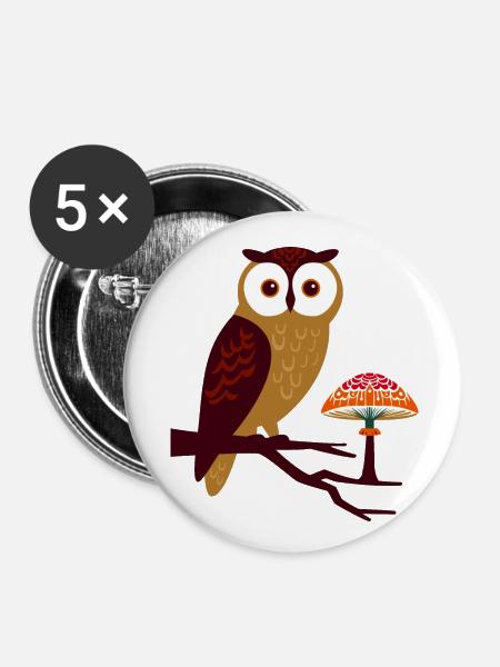 Eule und Pilz - Buttons klein 25 mm (5er Pack) - Weiß