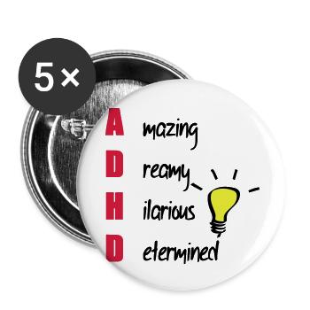 Don de soutien TDAH / TDAH - Lot de 5 petits badges (25 mm) - blanc - Devant